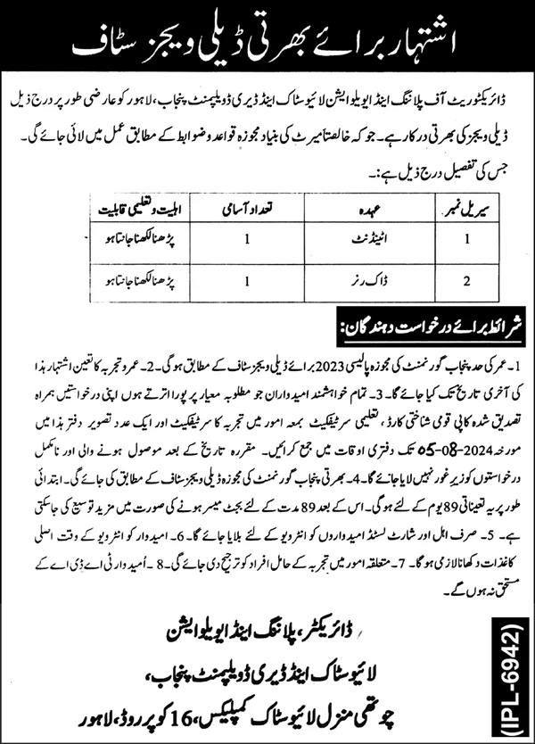 Livestock And Dairy Development Department Punjab Jobs 2024